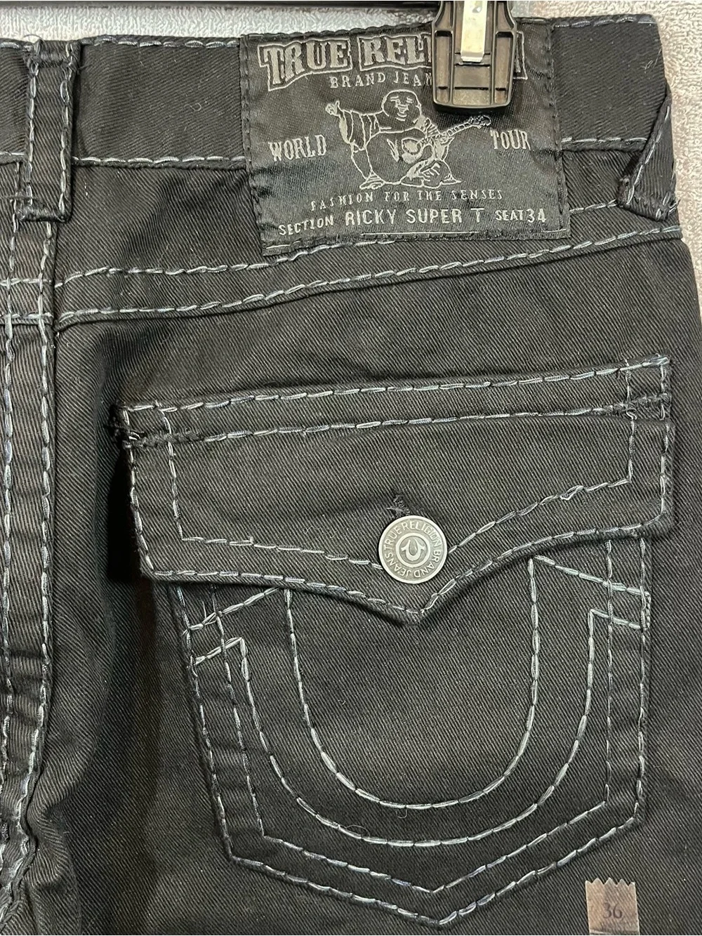 TRUE RELIGION RICKY SUPER T FLAP BLACK JEANS RELAXED STRAIGHT THICK STITCH 36x32